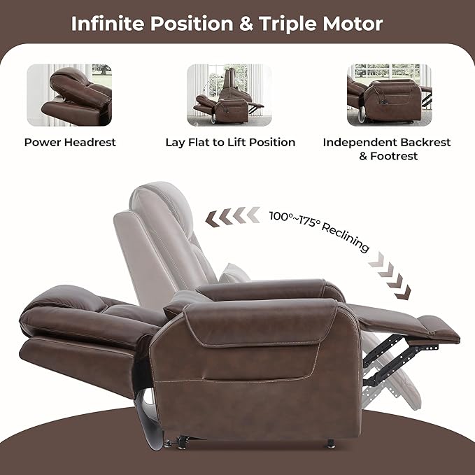 CHITA Electric Power Lift Recliner Chair for Elderly with Massage and Heat, Large Lay Flat Genuine Leather Recliner Chair with Cup Holders, USB Ports, Power Headrest, Independent Backrest, Dark Brown