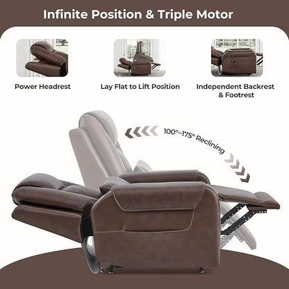 CHITA Electric Power Lift Recliner Chair for Elderly with Massage and Heat, Large Lay Flat Genuine Leather Recliner Chair with Cup Holders, USB Ports, Power Headrest, Independent Backrest, Dark Brown