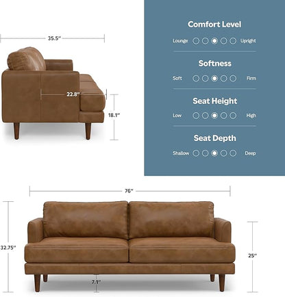 SIMPLIHOME Livingston 76-inch Wide Sofa in Caramel Brown Top Grain Genuine Leather, Handcrafted Mid-Century Modern Loveseat for Living Room, Compact 2-Seater with Feather-Wrapped Cushions