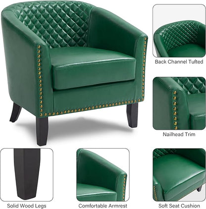 Pia Ricco Faux Leather Barrel Accent Chairs Set of 4, Modern Club Arm Chair Comfy Upholstered Single Sofa Chair with Solid Wood Legs and Nailhead Trim for Living Room/Reading Room, Green