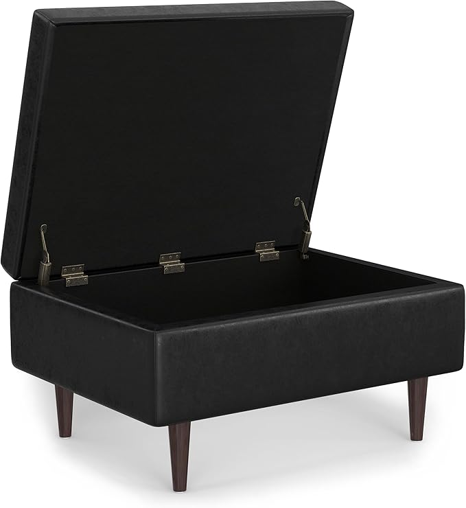 SIMPLIHOME Shay 34 inch Wide Mid Century Modern Small Rectangle Coffee Table Storage Ottoman in Distressed Black Vegan Faux Leather, Assembled, for The Living Room, Entryway and Family Room