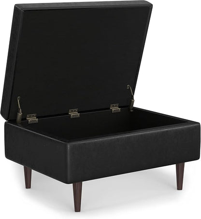 SIMPLIHOME Shay 34 inch Wide Mid Century Modern Small Rectangle Coffee Table Storage Ottoman in Distressed Black Vegan Faux Leather, Assembled, for The Living Room, Entryway and Family Room