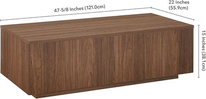 Henn&Hart 48" Rectangular Low-Profile Wood Coffee Table for Living Room, Family Room, or Office, Satin Walnut