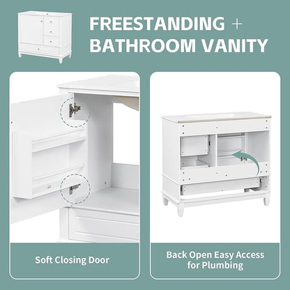 36 Inch Bathroom Vanity with Sink Set, Undermount Vanity Sink Cabinet with 3 Drawers and Door Storage, Soft Closing Door, Wood Frame, White