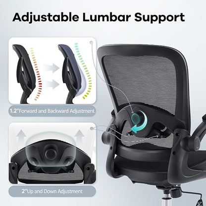 Office Chair Mesh Seat,Ergonomic Mesh Desk Chair with Adjustable Lumbar Support,Computer Chair with Flip-up Armrests, Rolling Executive Chairs, Home Office Chair(Black)