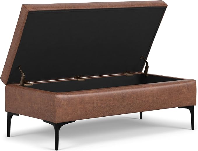 SIMPLIHOME Rebecca 48 inch Wide Mid Century Modern Rectangle Large Coffee Table Storage Ottoman with Lift up Lid in Distressed Saddle Brown Faux Leather for The Living Room, Entryway and Family Room
