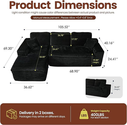 106" Oversized Couch Sofa, L Shape Couches for Living Room, No Assembly Required Corduroy Sectional Sofas with Left Facing Chaise for Home Apartment