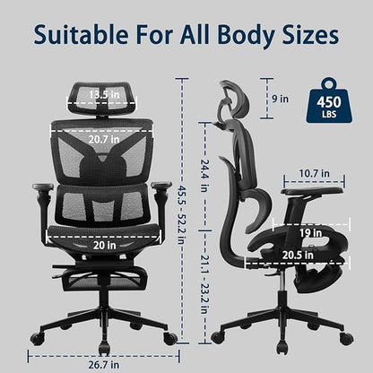 Ergonomic Office Chair with Footrest, 5D Adjustable Armrests, Comfy Swivel Rolling Mesh Computer Desk Chair with Lumbar Support, Adjustable Seat Depth, Wheels for Home, Gaming, S2 Elite Pro