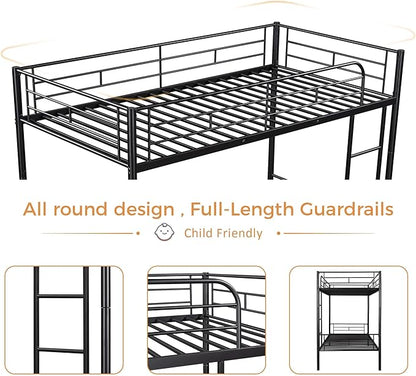 Merax Bunk Bed with Ladder and high Guardrail, Able to Split, Metal Bunk Bed, Storage Space, Noise Free,Twin Over Twin Size,Black