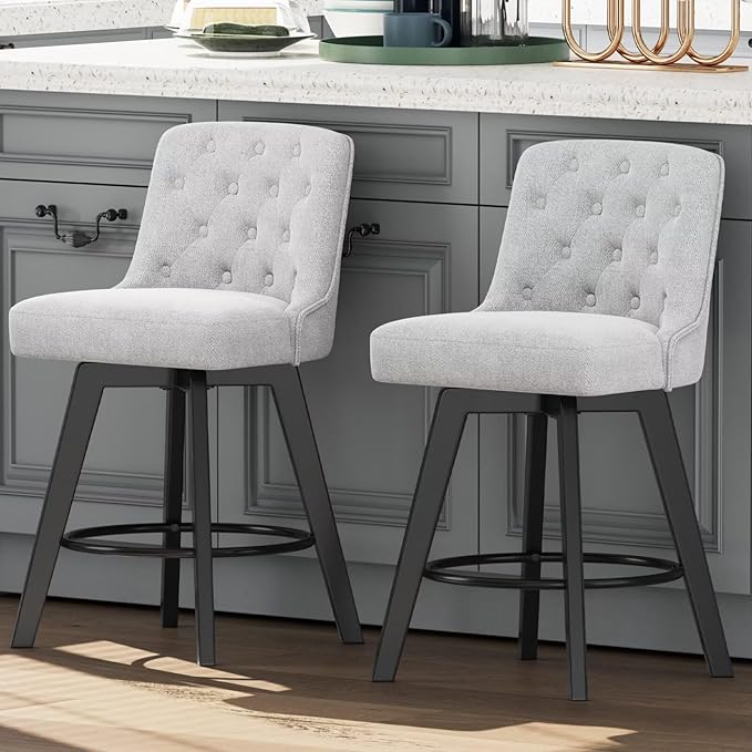 MINCETA Bar Stools Set of 2, 26 Inch Upholstered Barstools with Low Tufted Back and Footrest, Swivel Counter Height Barstools for Kitchen Island Home Bar Performance Fabric Greige