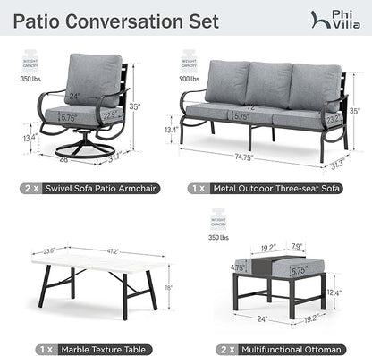 PHI VILLA 6 Piece Patio Furniture Sets with 1 x 3-Seat Deep Seating Bench, 2 x Cushioned Swivel Sofa Chairs, 1 x Coffee Table & 2 Ottoman, Outdoor Metal Conversation Set for Lawn Garden Yard,Grey