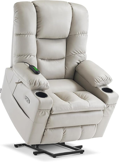MCombo Large Triple Motor Power Lift Recliner Chair with Massage and Dual Heating, Adjustable Headrest for Tall Elderly People, Faux Leather 7634 (Light Grey, Large)