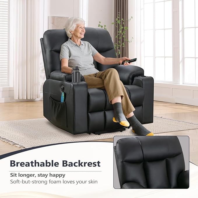ANJ Black Power Lift Recliner Chair for Elderly with Heat & Massage, Faux Leather Electric Recliner Sofa with USB Port, Cup Holders & Side Pockets, Heavy Duty Reclining Chair for Seniors
