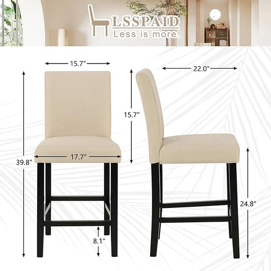 LSSPAID Counter Height Bar Stools Set of 4, 24.8 Inch Upholstered Fabric Barstools, Modern Kitchen Island Chairs with Backrest and Solid Wood Legs, Beige