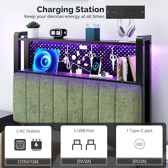 VINGLI Twin or Twin XL Size Headboard, Adjustable Upholstered Headboard with 2 Tier Shelves and Pegboard with Charging Stations and LED Lights, Modern Bed Headboard with Storage for Bedroom Decor
