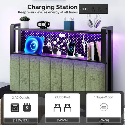 VINGLI Twin or Twin XL Size Headboard, Adjustable Upholstered Headboard with 2 Tier Shelves and Pegboard with Charging Stations and LED Lights, Modern Bed Headboard with Storage for Bedroom Decor