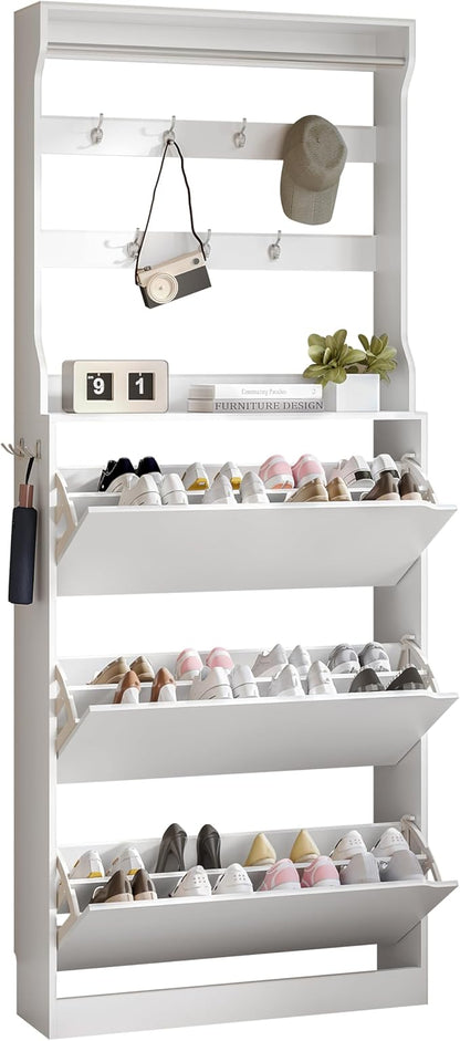 Tall Shoe Cabinet with Coat Rack, Hidden Shoe Storage Cabinet with Doors & Drawer, Hanging Bar & Hooks, Slim Narrow Freestanding Shoe Rack Organizer for Entryway, Hallway & Living Room, White