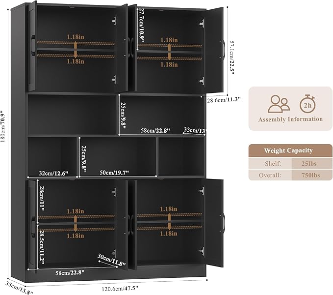 HORSTORS 71" Tall Storage Cabinet, Large Kitchen Cabinet with Deep Shelves and Doors, 47" Freestanding Display Shelf with Storage for Home Office, Living Room, Black
