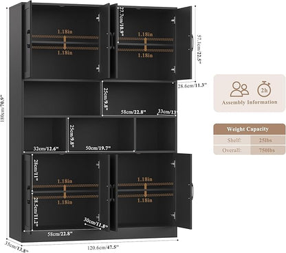 HORSTORS 71" Tall Storage Cabinet, Large Kitchen Cabinet with Deep Shelves and Doors, 47" Freestanding Display Shelf with Storage for Home Office, Living Room, Black