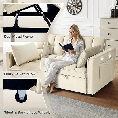 FLEXISPOT XCT4 Pull Out Couch for Small Spaces, 3-in-1 Convertible Loveseat Sofa Bed with Adjustable Backrest, Compact Futon Sofa Bed Twin Sleeper Loveseat for Apartment Dorm RV Guest Room,Cream