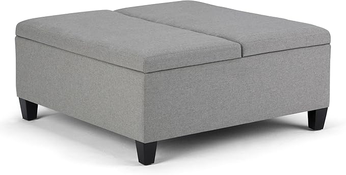 SIMPLIHOME Ellis 36 inch Wide Contemporary Square Coffee Table Storage Ottoman in Dove Grey Linen Look Fabric, Assembled, For the Living Room and Bedroom