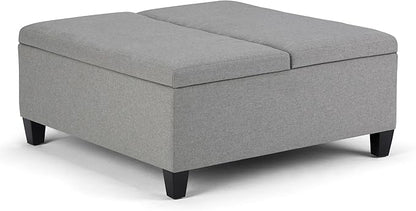 SIMPLIHOME Ellis 36 inch Wide Contemporary Square Coffee Table Storage Ottoman in Dove Grey Linen Look Fabric, Assembled, For the Living Room and Bedroom