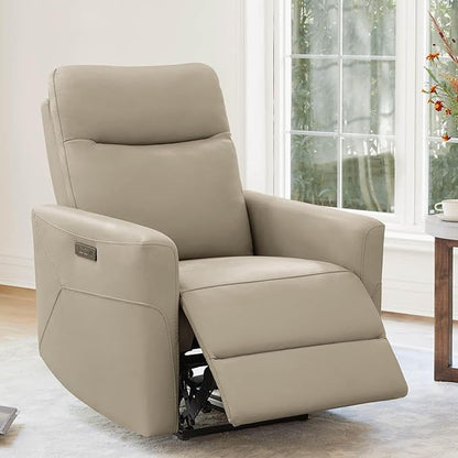 CHITA Genuine Leather Power Recliner Chair for Adults, Electric Wall Hugger Recliner for Small Spaces, Modern Living Room and RV Recliner Chair with Power Headrest & Charging Ports, Latte Tan