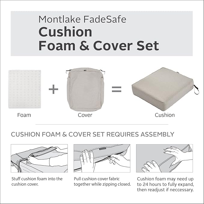 Classic Accessories Montlake Water-Resistant 25 x 25 x 5 Inch Square Outdoor Seat Cushion, Patio Furniture Chair Cushion, Heather Grey, Outdoor Cushion Cover