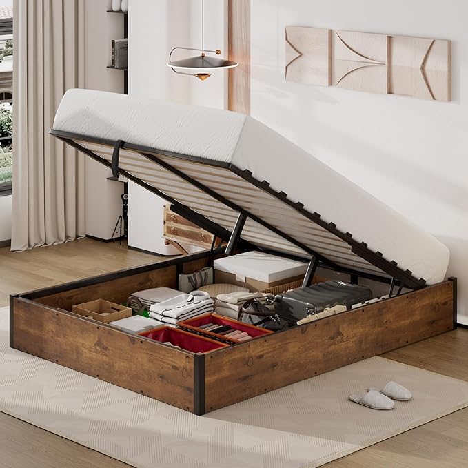 Lift Up Storage Bed Frame, Full Size Wooden Platform Bed with Large Storage Underneath, No Box Spring Needed, Noise Free, Rustic Brown