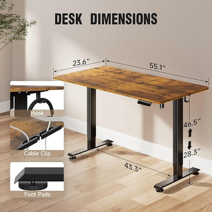 Veken 55 Inch, Height Adjustable Sit Stand Up, Wood Desktop, Work Home Office Computer PC Table, Tall Standup Workstation, Gaming Writing Study Bedroom Rising Desks, Brown