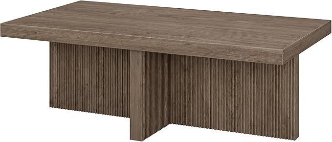 Henn&Hart 44" Fluted Rectangular Wood Pedestal Low-Profile Coffee Table for Living Room, Family Room or Office, Antiqued Gray Oak