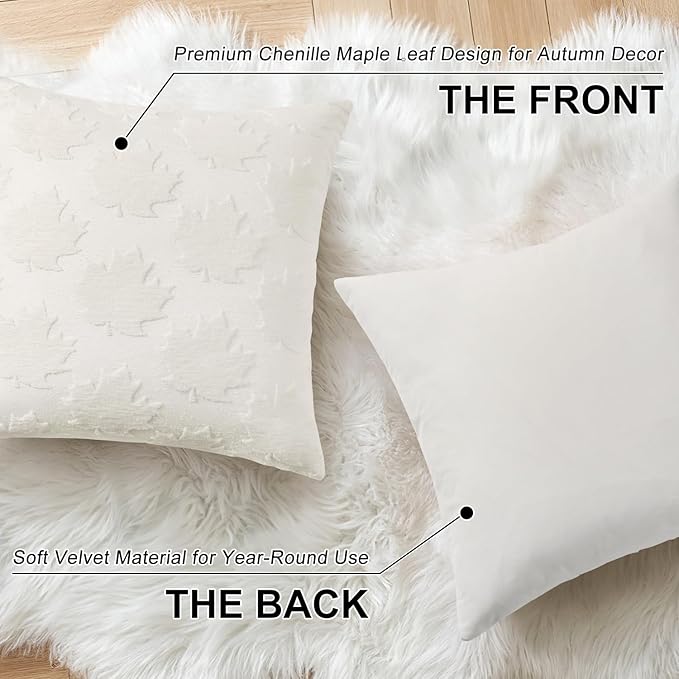 decorUhome Decorative Cream White Maple Leaf Thanksgiving Throw Pillow Covers 18x18 Set of 2, Soft Chenille Jacquard Farmhouse Textured Pillow Covers for Couch Sofa Autumn Harvest Halloween Holiday