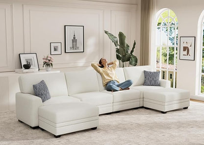 Wanderwell Oversized Modular Sectional Sofa, 6-Seater U Shaped Couches with Movable Ottoman,Corduroy Sectional Couch with Wide and Deep Seats Suitable for Living Room,Bedroom,Apartment (Cream, U-6)