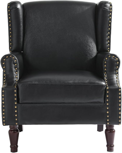 Pia Ricco Set of 2 Faux Leather Accent Chairs, High Back Wingback Armchairs with Retro Floral Design, Nailhead Trim & Solid Wood Legs for Living Room Bedroom (Black)