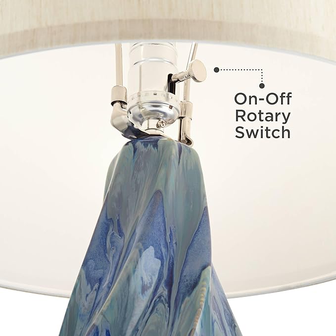 Possini Euro Design Teresa Modern Coastal Table Lamp 31" Tall Teal Blue Drip Ceramic Beige Fabric Drum Shade Decor for Bedroom Living Room House Bedside Nightstand Home Office Entryway Family