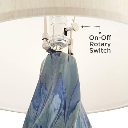 Possini Euro Design Teresa Modern Coastal Table Lamp 31" Tall Teal Blue Drip Ceramic Beige Fabric Drum Shade Decor for Bedroom Living Room House Bedside Nightstand Home Office Entryway Family