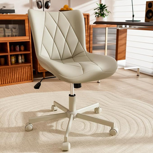 Armless Desk Chair, Morden Home Office Chair no Arms, Adjustable Height & Rocking Computer Chair, PU Leather Vanity Chair, Ergonomic Seat Soft Padded Desk Chairs for Home Small Space, Beige