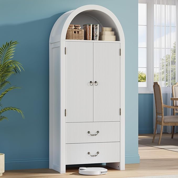 FURSUN 71" Tall Fluted Arched Bookshelf with Doors, Wood Pantry Storage Cabinet with 2 Large Drawers, Modern Versatile Bookcase for Living Room, Kitchen, Dining, White