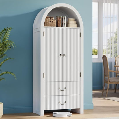 FURSUN 71" Tall Fluted Arched Bookshelf with Doors, Wood Pantry Storage Cabinet with 2 Large Drawers, Modern Versatile Bookcase for Living Room, Kitchen, Dining, White