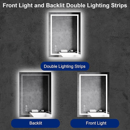 Awoco 20''x28'' LED Bathroom Mirror with Light, Lighted Vanity Mirror with Backlit and Front Light, Dimmable Anti-Fog Memory Function Lighted Mirror with 3 Colors for Bathroom Wall