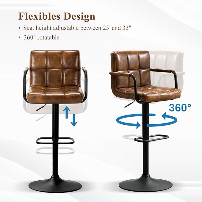Furniliving Bar Stools Set of 2 with Back, Modern Square PU Leather Kitchen Stools with Armrest, Adjustable Counter Height Barstools for Kitchen Bar Pub Cafe (Yellowbrown)