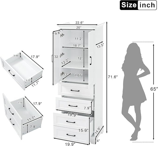 Tall Freestanding Storage Cabinet with 2 Doors & 3 Drawers, Multi-Purpose Organizer with Adjustable Shelf for Bathroom, Office, Living Room, White