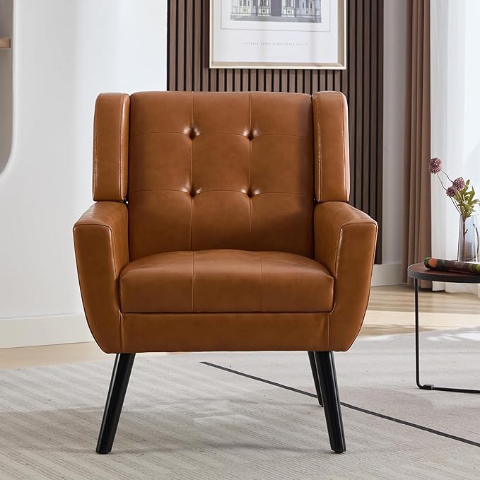 Dolonm Midcentury Modern Leather Accent Chair with Arms, Upholstered Reading Side Chair Tufted Back Decorative Wingback Chair for Living Room Bedroom (Light Brown-PU)