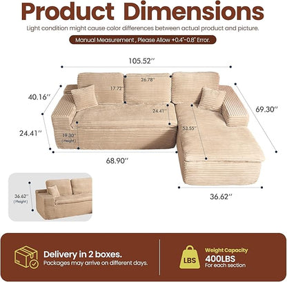 106" Oversized Couch Sofa, L Shape Couches for Living Room, No Assembly Required Plush Velvet Sectional Sofas with Right Facing Chaise for Home Apartment