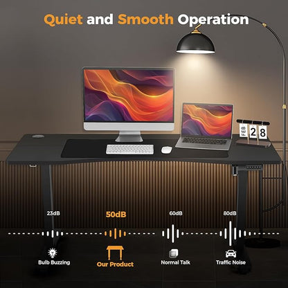 Electric Adjustable Standing Desk with Wheels, 63'' x 24''Sit Stand Desk with Dual Crossbeam Structure and Mouse Pad, 27''-46'' Lifting Range Table with Ergonomic Arc Desktop (Black Arc)
