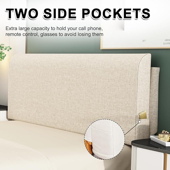 Upholstered Full Headboard, No Tools Needed, Wall Mounted Headboard with Removeable Washable Linen, Multi-Functional Backrest (Beige)