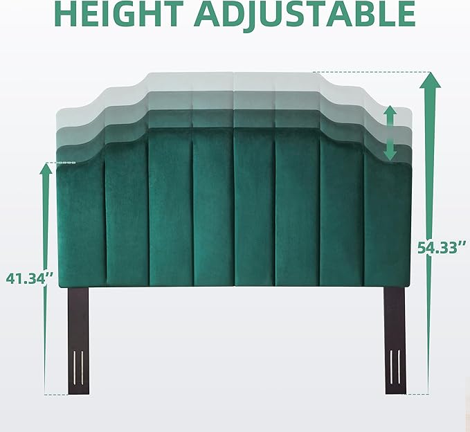 King Upholstered Headboard, Velvet Tufted Headboard only, Elegantly Curved King Size Headboards only, Modern Vertical Channel Design Bed Headboards, Dark Green