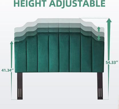 King Upholstered Headboard, Velvet Tufted Headboard only, Elegantly Curved King Size Headboards only, Modern Vertical Channel Design Bed Headboards, Dark Green