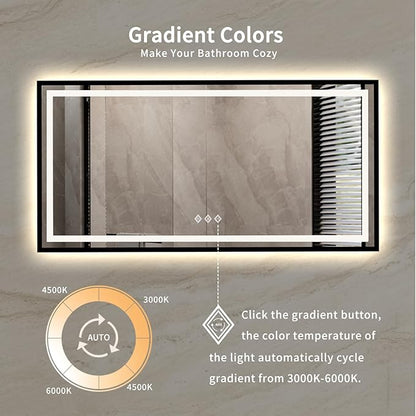 Bathroom Mirrors with Lights, 55x28 Inch Black Framed Gradient Front and Backlit LED Vanity Mirror, 3 Colors Dimmable CRI>90, IP54 Enhanced Anti-Fog Smart Mirror