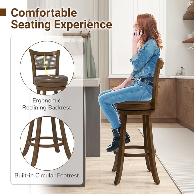 COSTWAY 30” Swivel Bar Height Barstool Set of 2, Rubber Wood Bar Stools with Rattan Backrest, Footrest, Upholstered Leathaire Armless Chairs for Kitchen Island, Pub, Brown (4, 30” Seat Height)